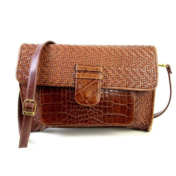 BRIO! BROWN CROCO BRAIDED GENUINE LEATHER ENVELOPE CLUTCH SHOULDER BAG HANDBAG - Picture 4 of 12